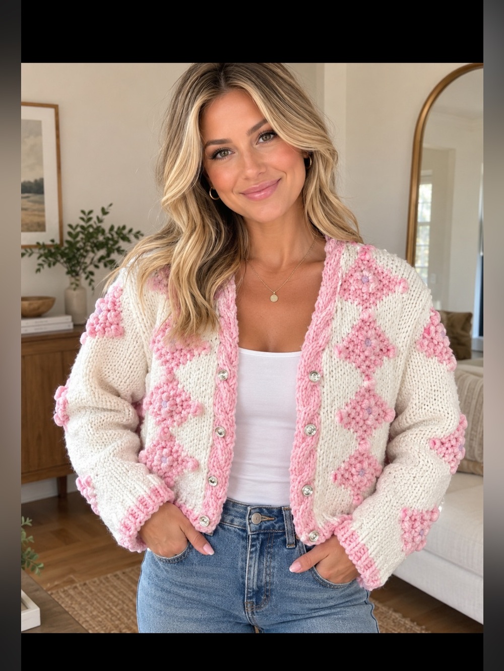 Pink Ripple Chunky Knit Pink & White Cardigan Jacket Sz M